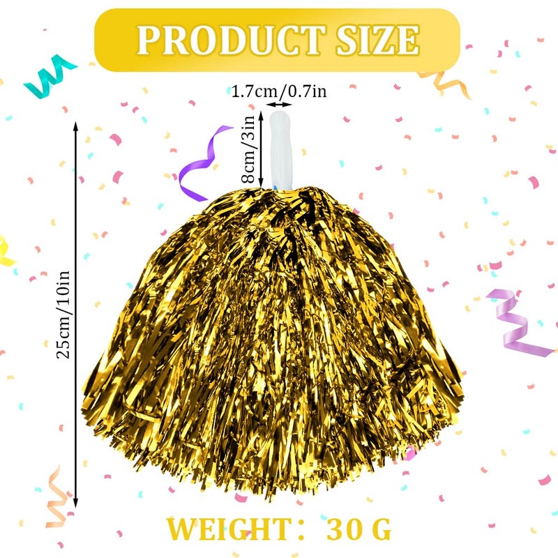 CUGBO 24Pcs Cheerleading Pom Poms, 1 Dozen Handle Metallic Foil Flower Ribbons Cheerleader Pompoms, Kids Children Ball Dance Sports Coaches Game Party Fancy (Gold) - Image 2